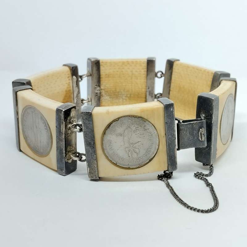 Bone and Silver Bracelet Embedded with Rhodesian 3 Pence Coins #F0079