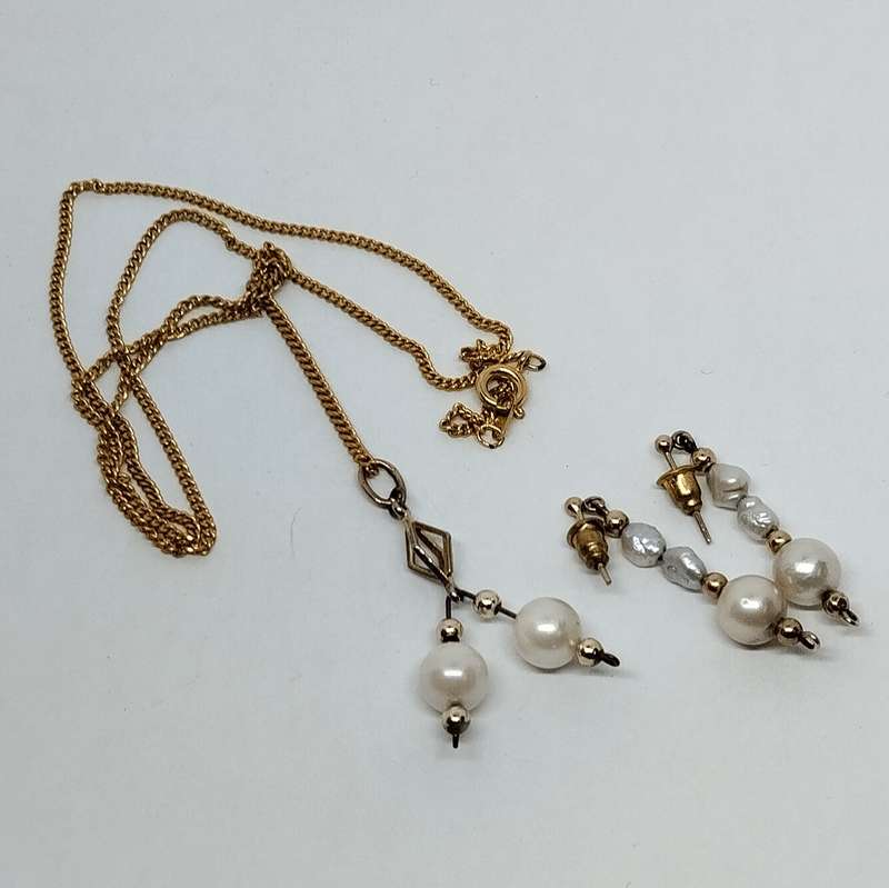 Dainty Gold Plated Necklace and Earring Set with Pearl Accents #F0104