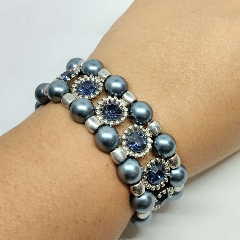 Blue and Silver Beaded Stretch Bracelet #F0103