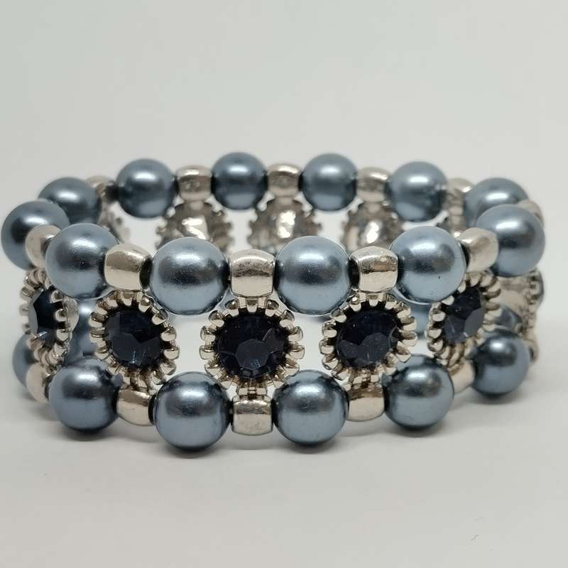 Blue and Silver Beaded Stretch Bracelet #F0103
