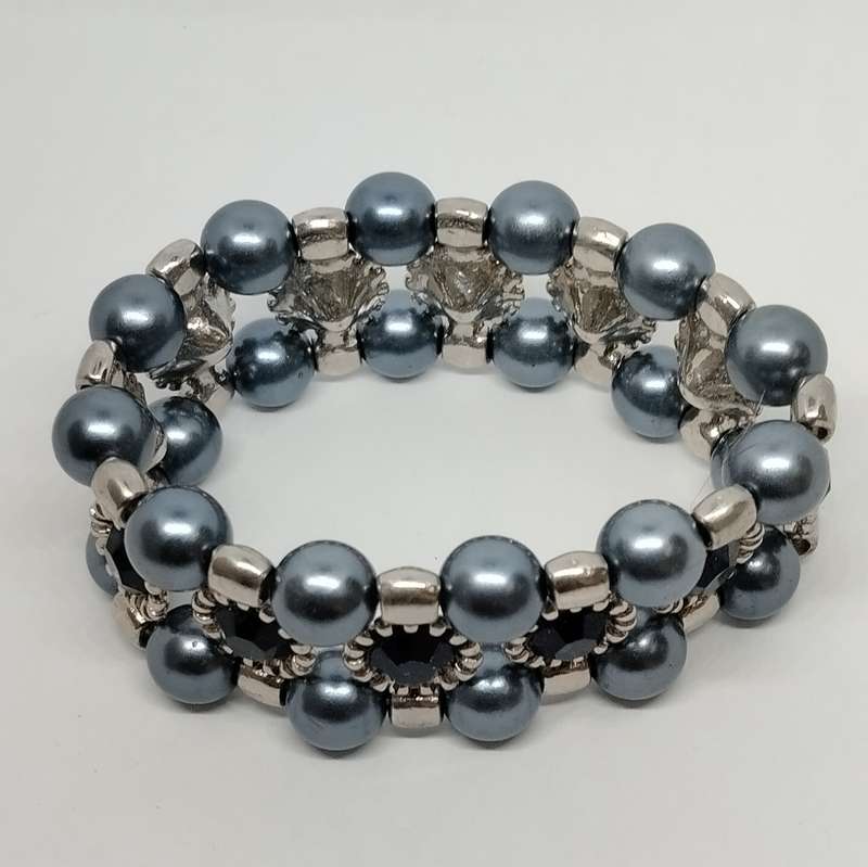 Blue and Silver Beaded Stretch Bracelet #F0103