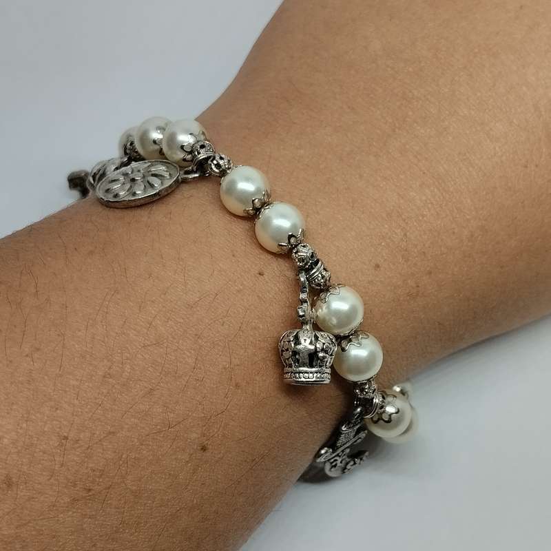 Silver Bead and imitation Pearl Charm Costume Jewelry Bracelet #C0086