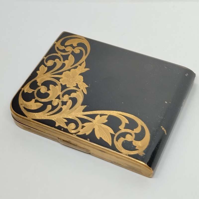 1940's Elgin American Black Enamel and Gold Cigarette Case and Scrollwork Mirror Compact #O0064