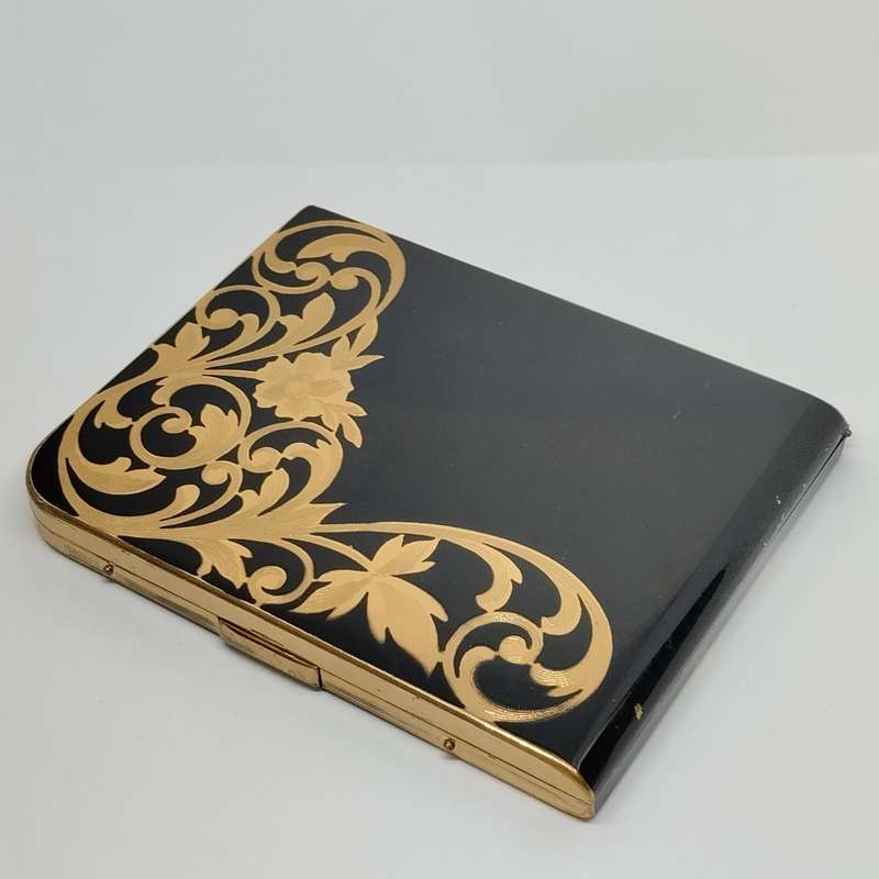 1940's Elgin American Black Enamel and Gold Cigarette Case and Scrollwork Mirror Compact #O0064