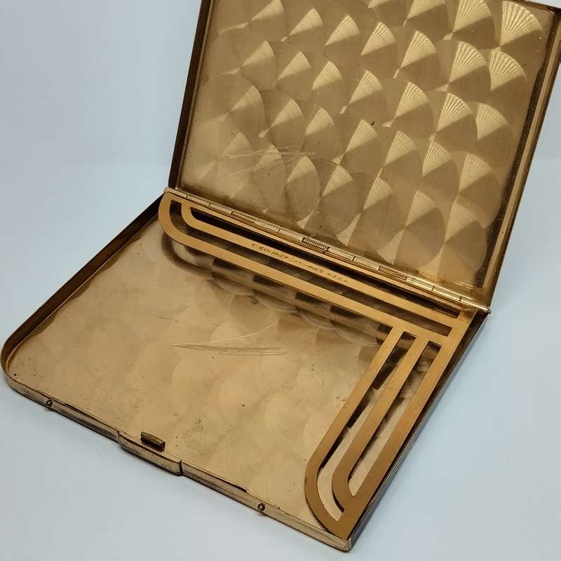 1940's Elgin American Black Enamel and Gold Cigarette Case and Scrollwork Mirror Compact #O0064