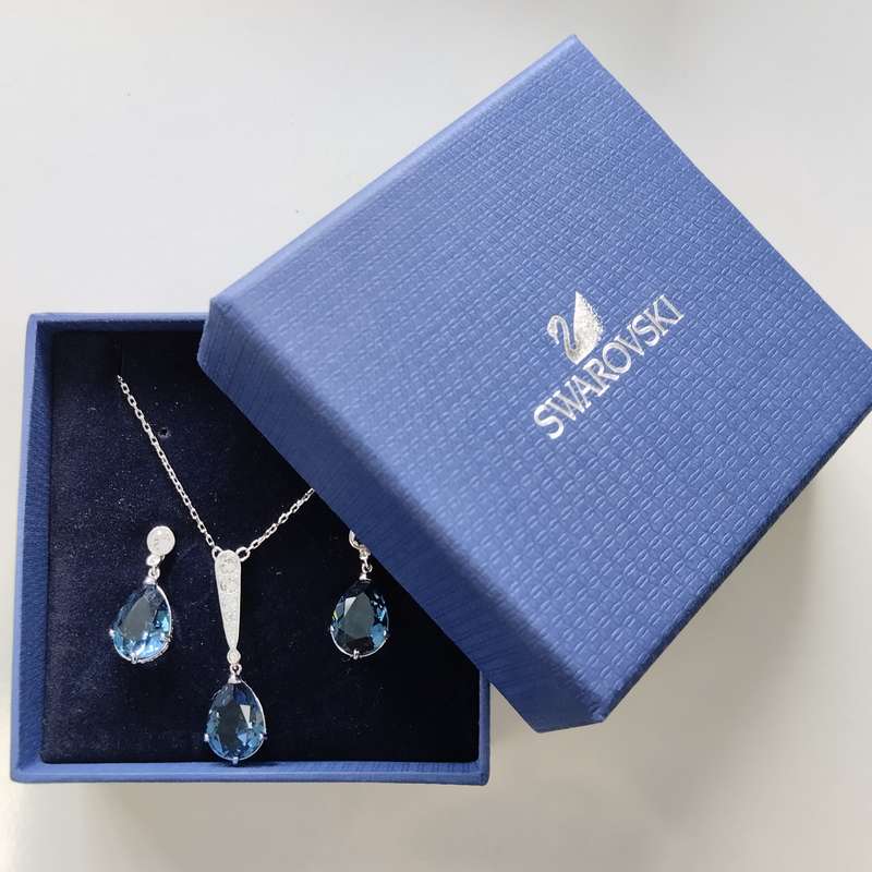 Swarovski Vintage Sterling Silver with Blue Crystal Necklace and Earring Set in Box with COA #S0064