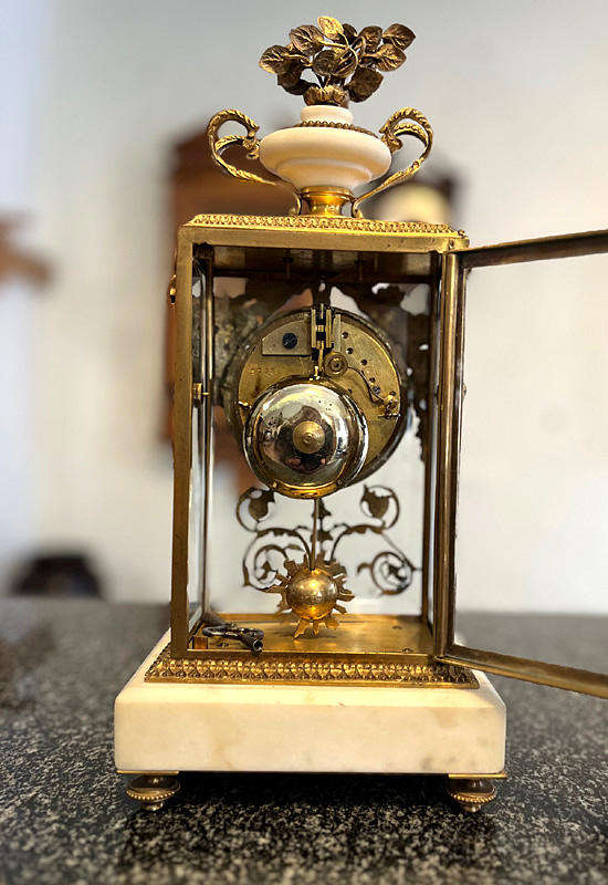 Antique French Mantel Clock, White Marble and Gilt, Perfect Working conditions