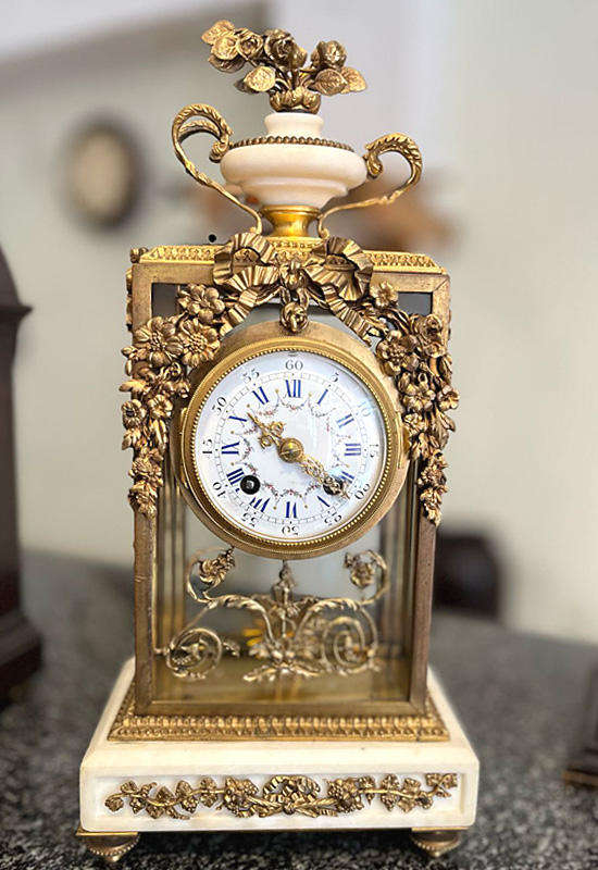 Antique French Mantel Clock, White Marble and Gilt, Perfect Working conditions