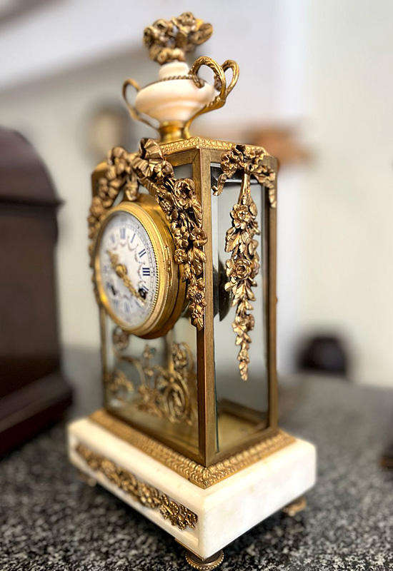 Antique French Mantel Clock, White Marble and Gilt, Perfect Working conditions