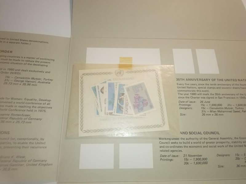 Three 1980 UN Souvenir folders containing mint stamp sets