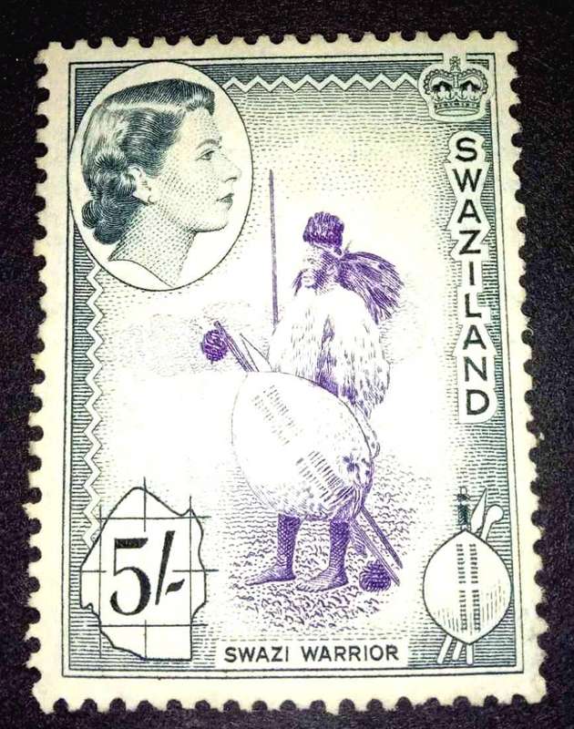 Swaziland Swazi Warrior stamp SACC 61 Five Shillings 1956 QEii