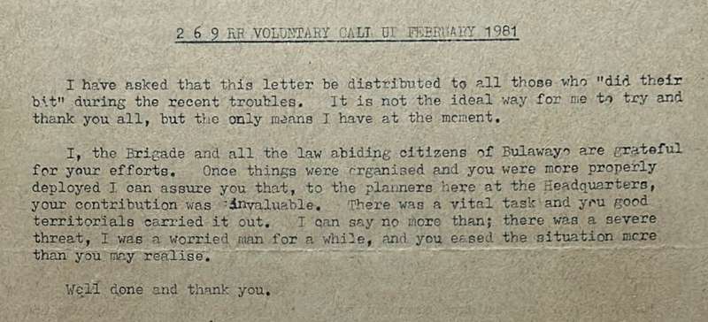 RHODESIA REGIMENT - FRAMED LETTER COMMENDATION