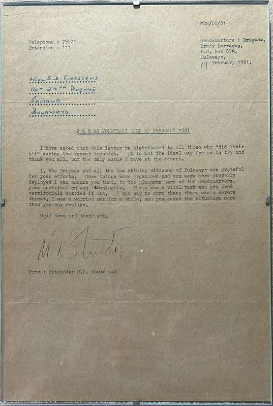 RHODESIA REGIMENT - FRAMED LETTER COMMENDATION