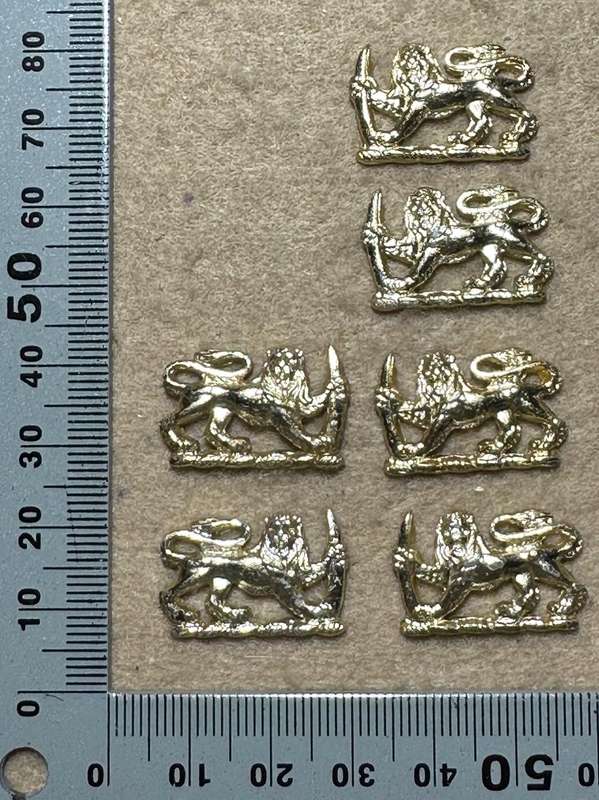 RHODESIA CROWNS AND PIPS - 6 ANNODISED BRASS LIONS