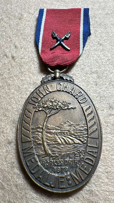 SA Military Decorations & Medals -John Chard Medal - Full Size with Crossed Swords - No 1377