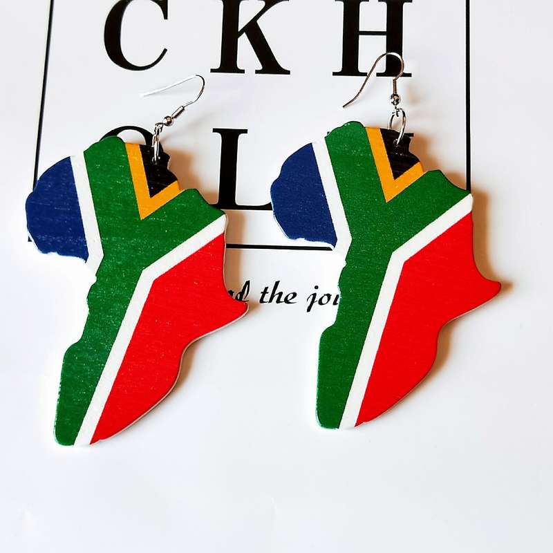 South Africa Flag On Africa  Map Earrings