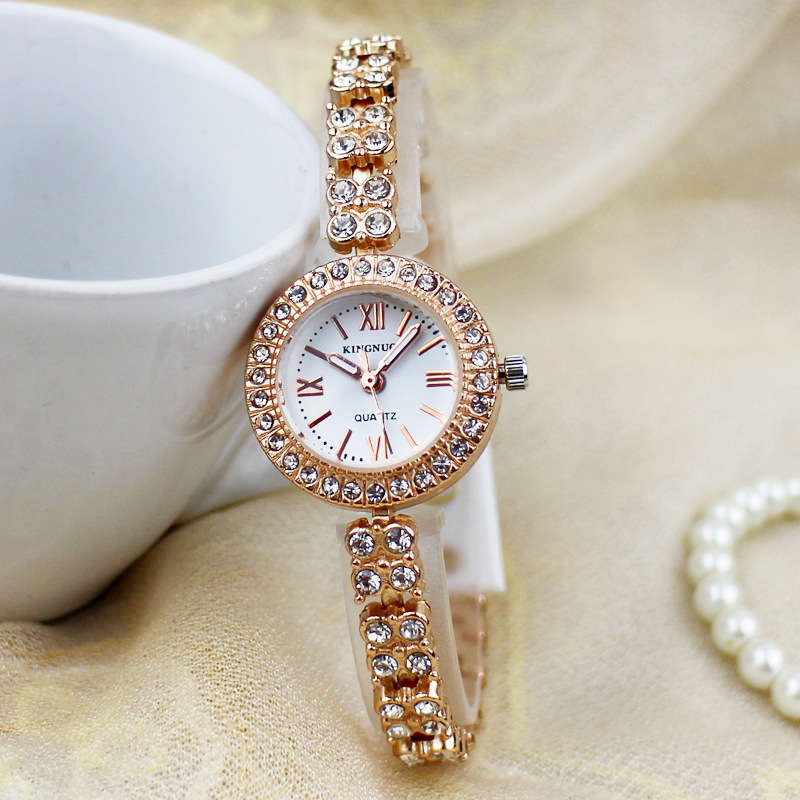 Ladies Wrist Watch Elegant Rosegold Belt Inlaid Crystals Quartz Watch