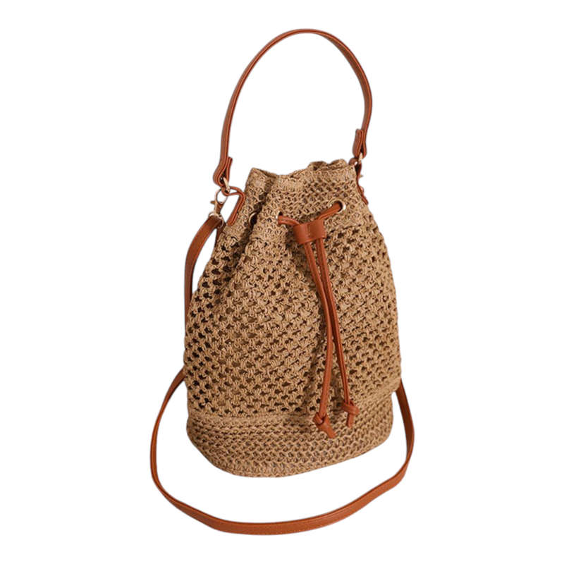 Handbag woven straw bucket style draw string closure cross body  shoulder bag