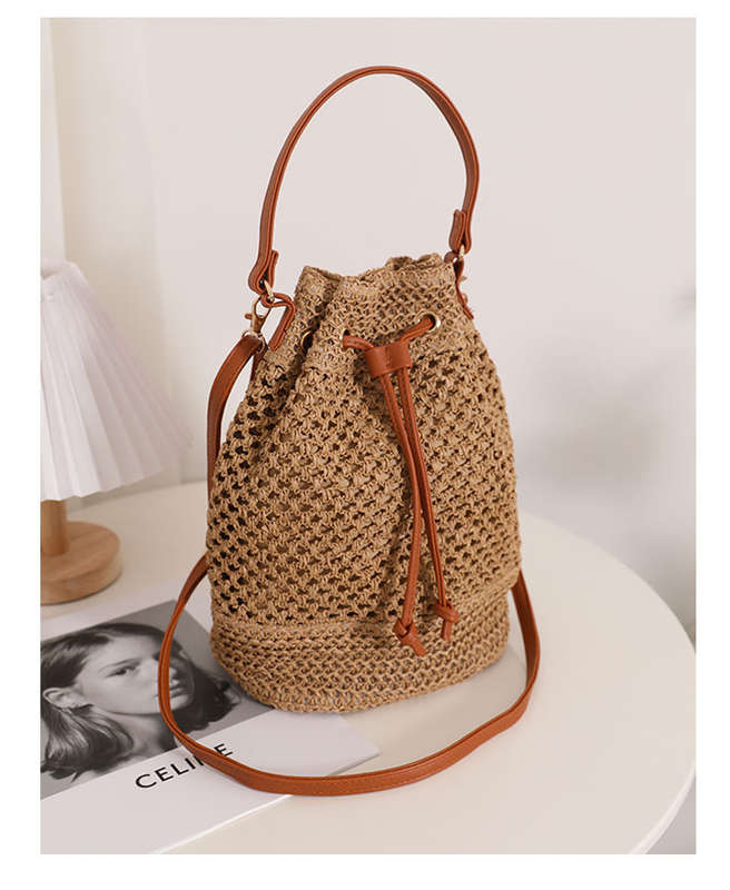 Handbag woven straw bucket style draw string closure cross body  shoulder bag