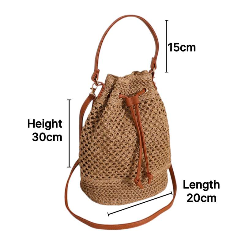 Handbag woven straw bucket style draw string closure cross body  shoulder bag