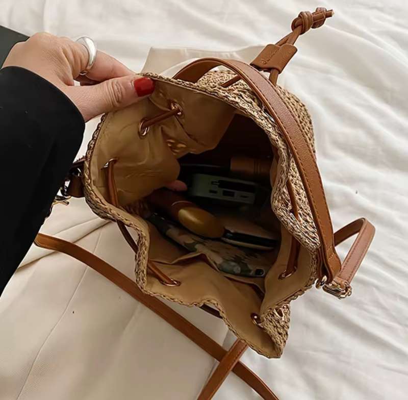 Handbag woven straw bucket style draw string closure cross body  shoulder bag