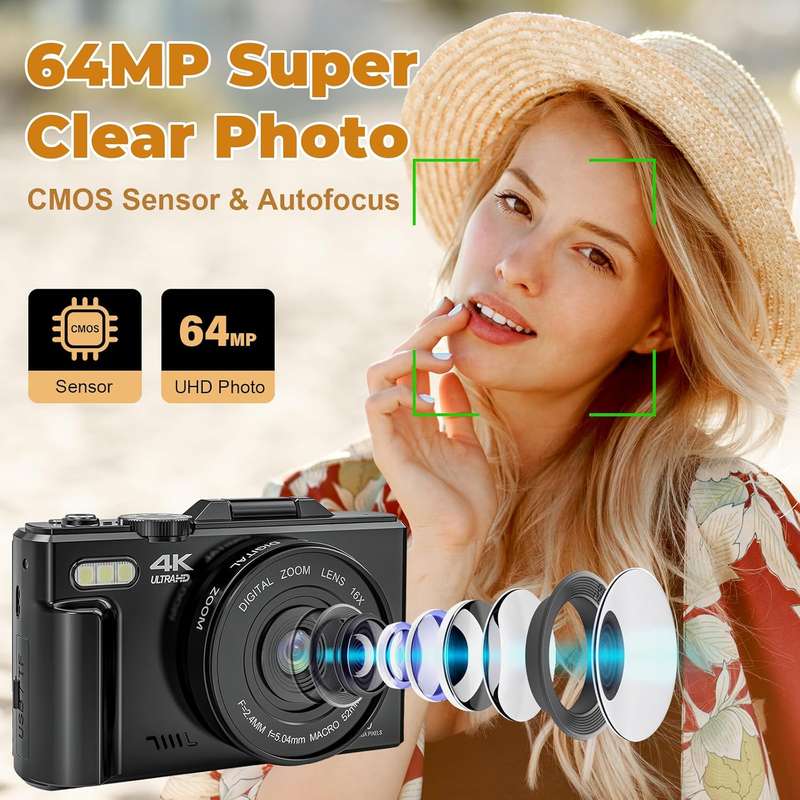 4K Compact Digital Camera, 64MP, 18x digital zoom