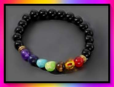 Natural Black Agate  and 7 Chakra stones Bracelet - Reiki Energy Stone Bracelet