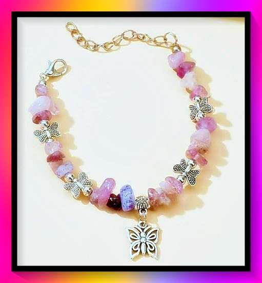 Lovely Multicolor Natural Stone chip beads with Butterfly charms Beaded Bracelet