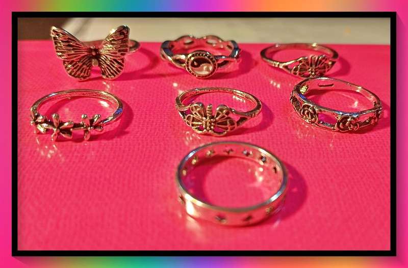 Stunning butterfly yin yang flower ring set 7pc