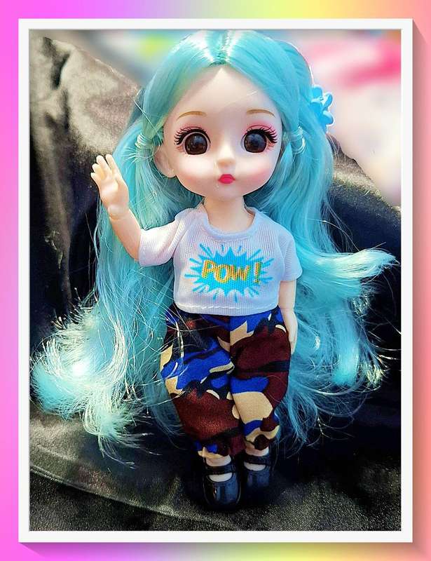 Sporty blue hair anime style camo pants doll