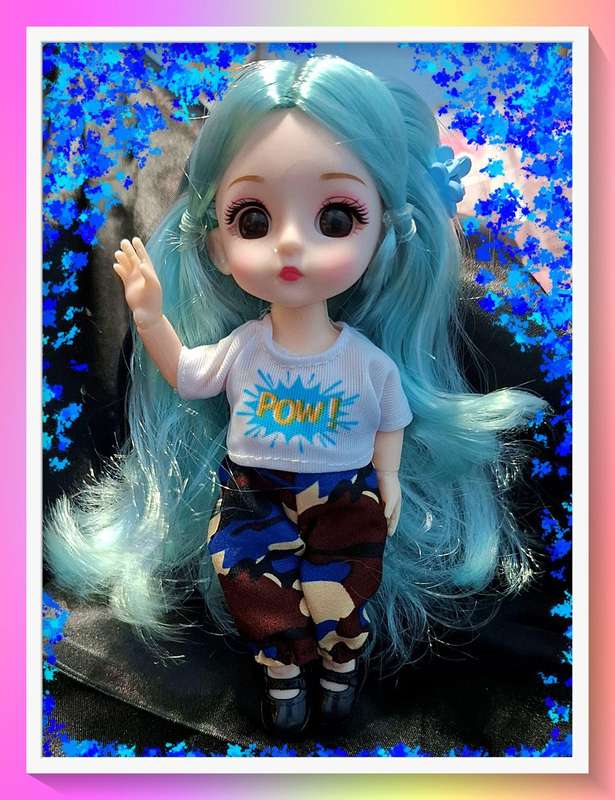 Sporty blue hair anime style camo pants doll