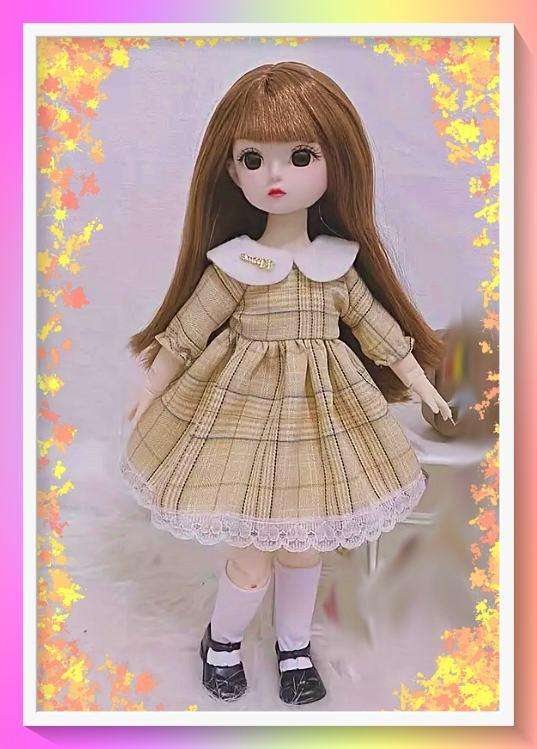 Stunning 12-Inch Ball Jointed Body Doll, 16 BJD Doll in Blue and White Plaid Skirt