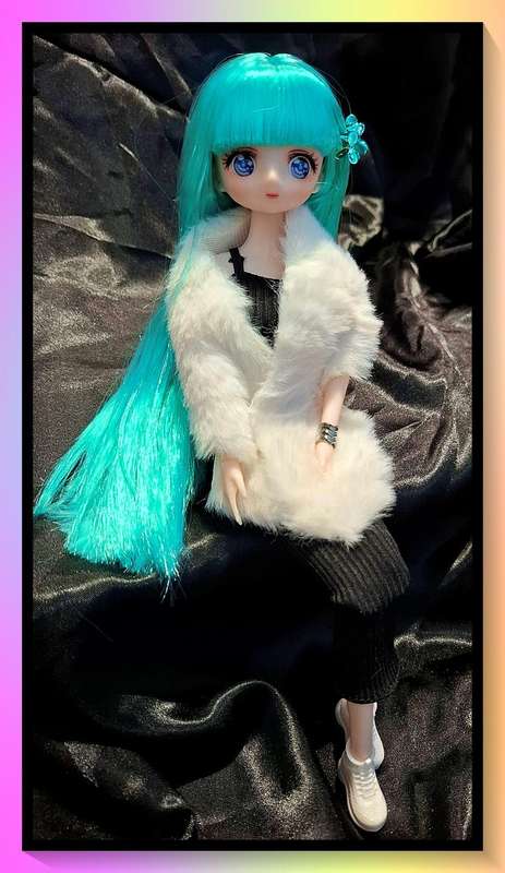 Beautiful emerald hair anime style winter stole fitted dress doll