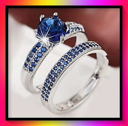 Awesome 2-piece blue simulated sapphire crystal stone ring size 6