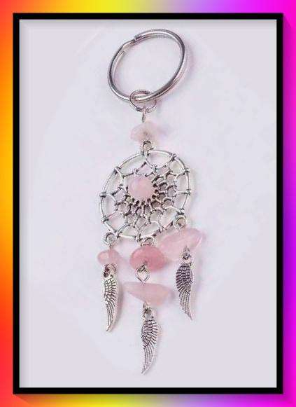 Beautiful simulated rose quartz dreamcatcher key chain