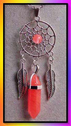 Strawberry Agate simulant dreamcatcher pendant necklace