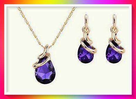 Stunning Deep Purple Water Drop Crystal Pendant Necklace and Earrings Jewellery Set