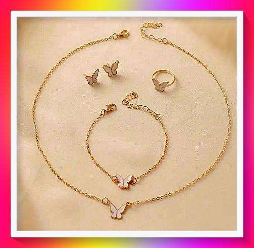Elegant White Butterfly Necklace, earring and ring 4 piece Set