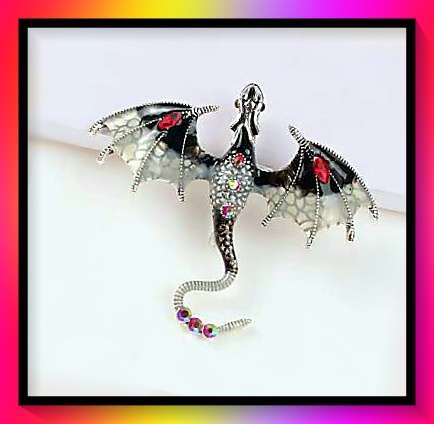 Amazing scarlet, black and silver flying dragon brooch