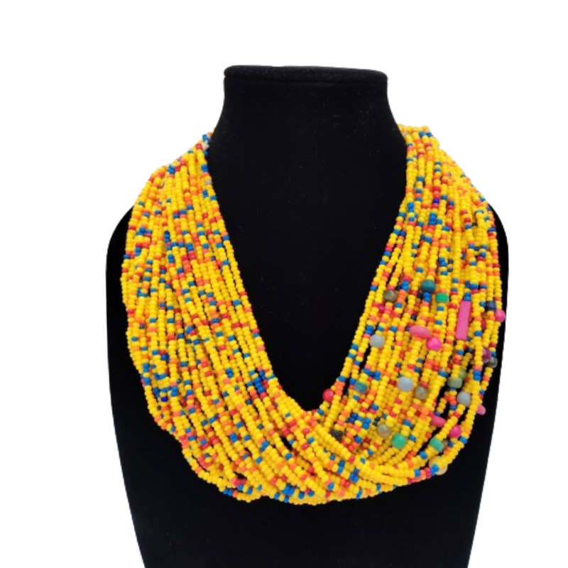 Abacus Original Beaded Necklace Stunning Yellow and Mixed Glass Bead Bib Necklace