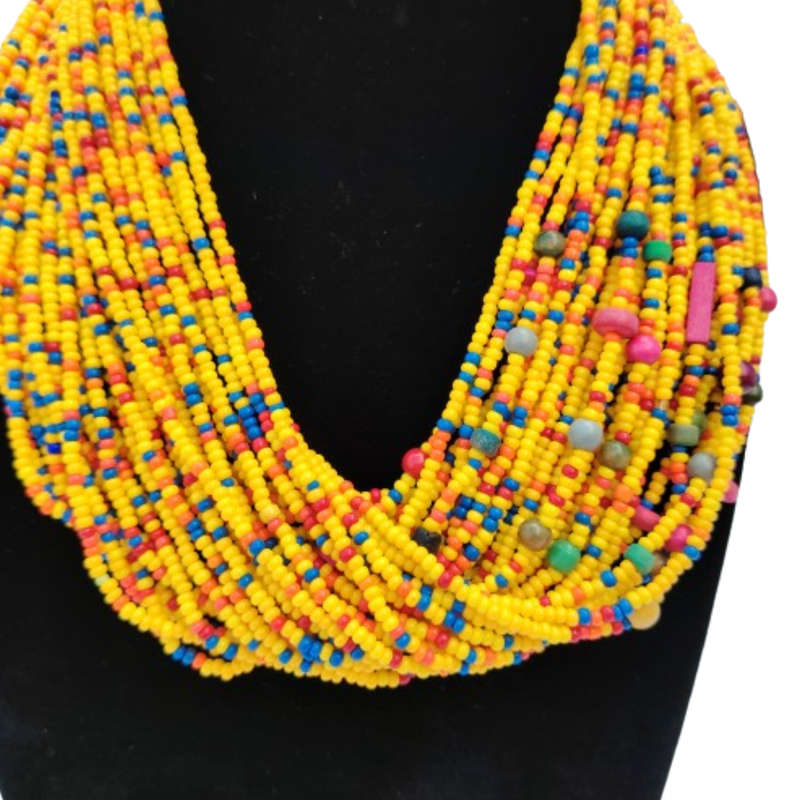 Abacus Original Beaded Necklace Stunning Yellow and Mixed Glass Bead Bib Necklace