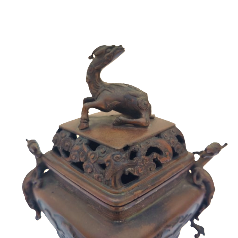 Antique Bronze Chinese 4 Footed Censor Pot with Dragons