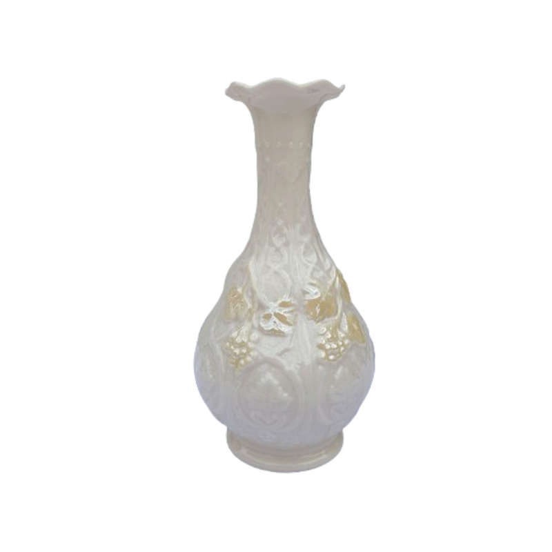 Belleek White Yellow Iridescent Cream Vase Leaf and Grapes