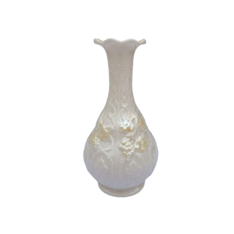Belleek White Yellow Iridescent Cream Vase Leaf and Grapes