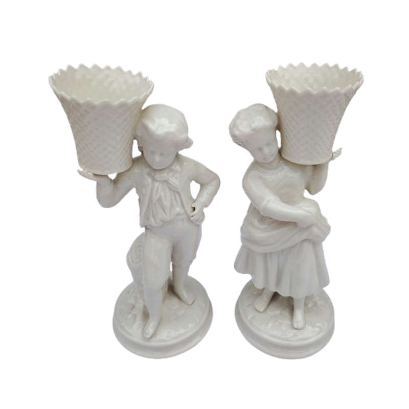 Belleek classic Boy and Girl basket carrier figurines part of the Archive Collection