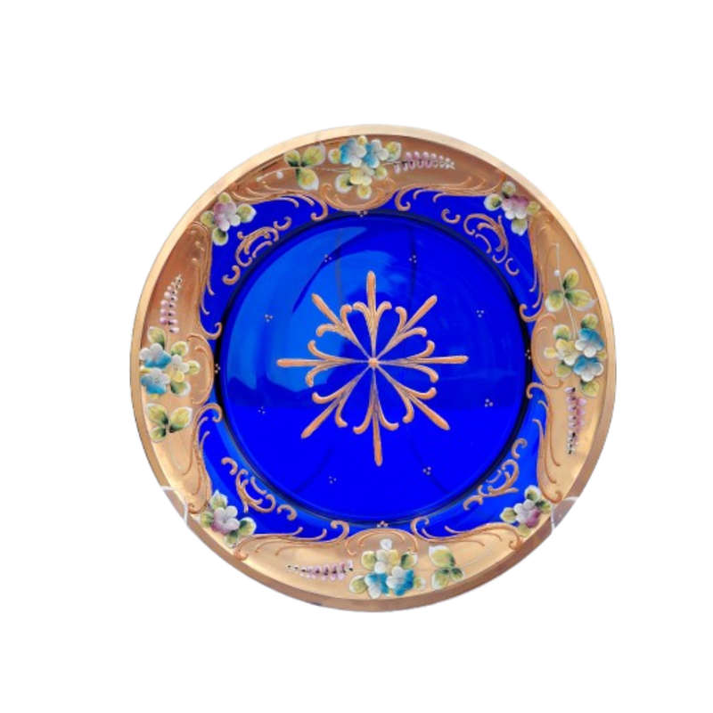 Bohemian Czech Glass Hand Painted Gold Plate Cobalt Blue with Flowers
