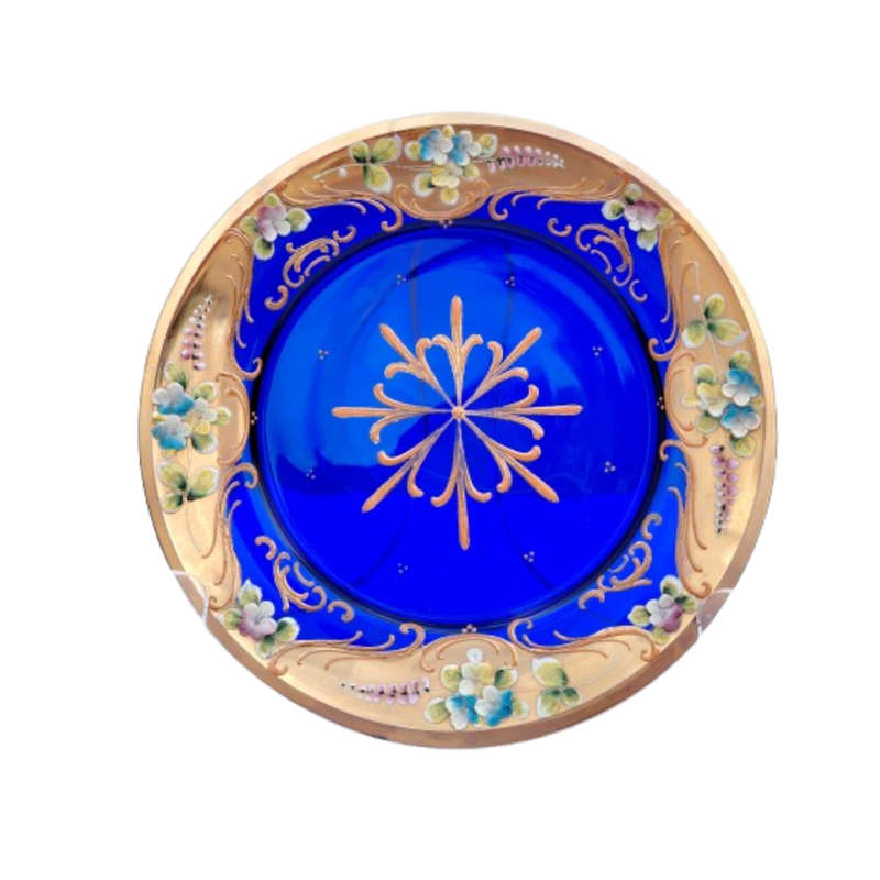 Bohemian Czech Glass Hand Painted Gold Plate Cobalt Blue with Flowers