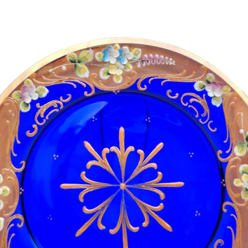 Bohemian Czech Glass Hand Painted Gold Plate Cobalt Blue with Flowers