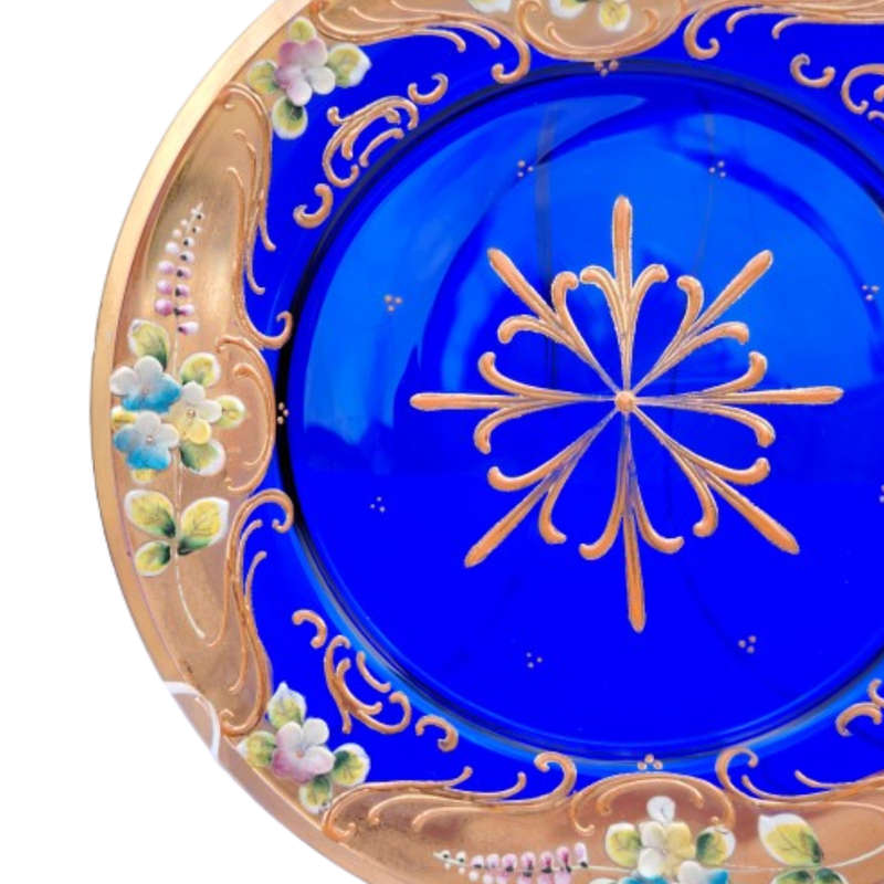 Bohemian Czech Glass Hand Painted Gold Plate Cobalt Blue with Flowers