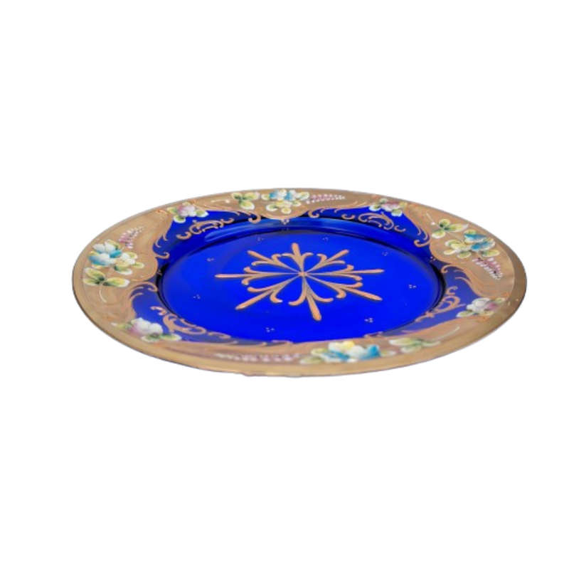 Bohemian Czech Glass Hand Painted Gold Plate Cobalt Blue with Flowers